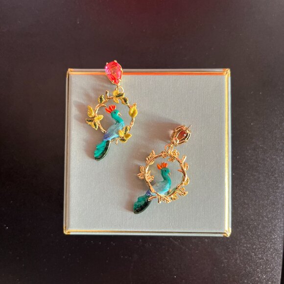 Peacock and Faceted Glass Pear Post Earrings - Picture 6 of 6